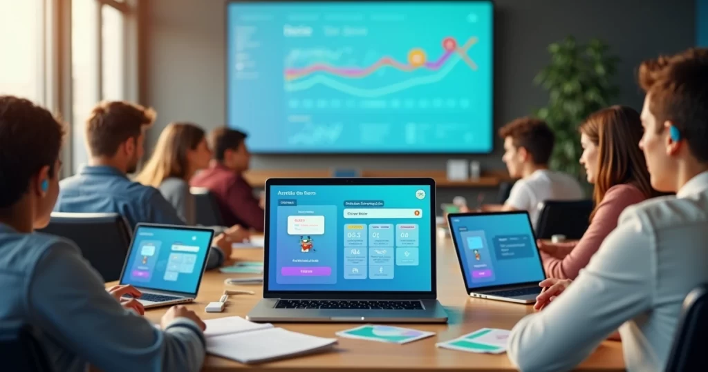 Alunos usando notebooks fazendo simulados online em uma plataforma educacional