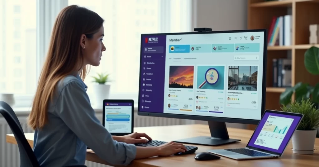 Instrutora gerenciando área de membros de curso online em painel moderno