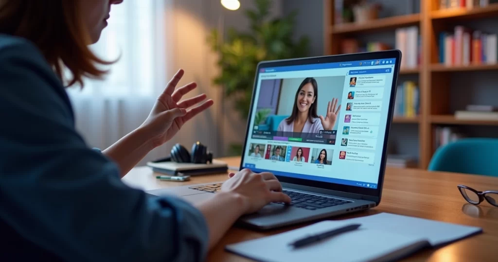 Professor conduz aula online interativa com alunos participando pelo chat e enquetes na tela