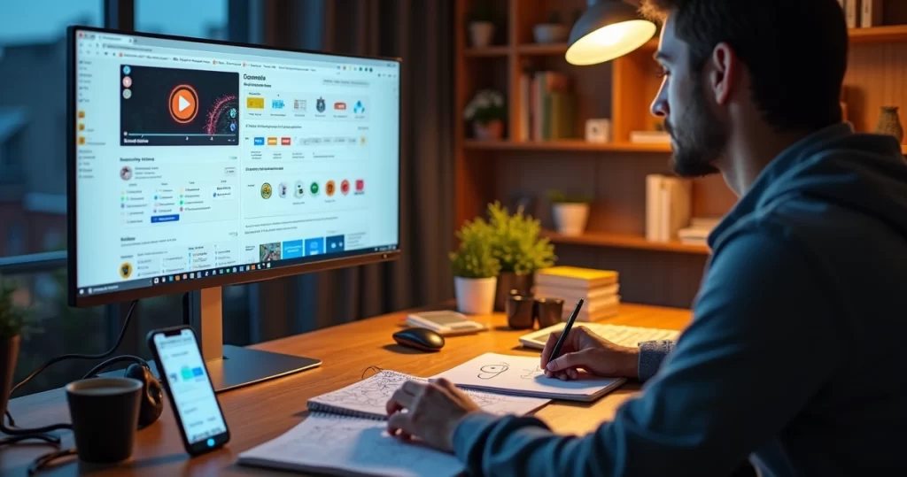 Professor cria curso online em plataforma digital com alunos assistindo na tela