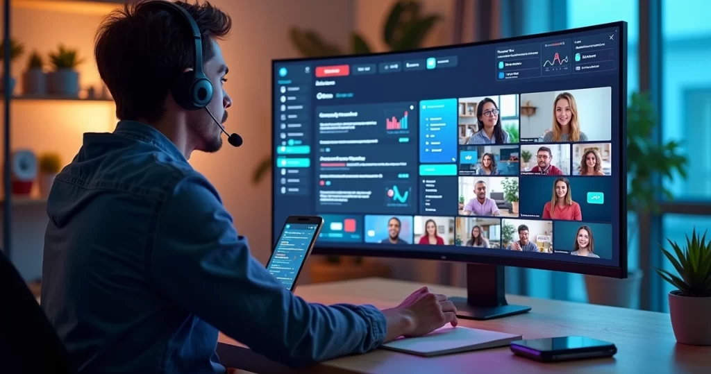 Instrutor dando aula online em plataforma EAD com alunos em telas múltiplas