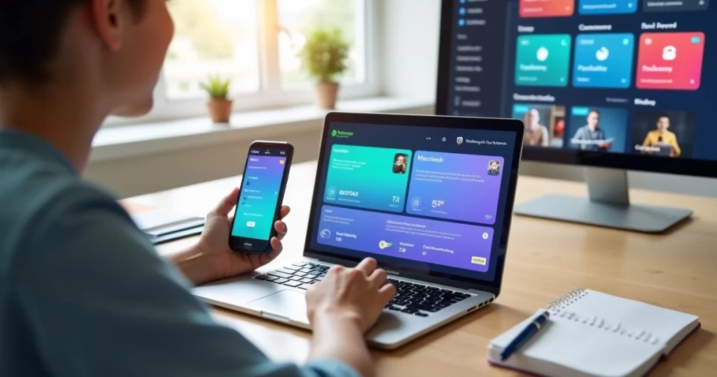 Estudante usando flashcards digitais em notebook e smartphone para estudar online