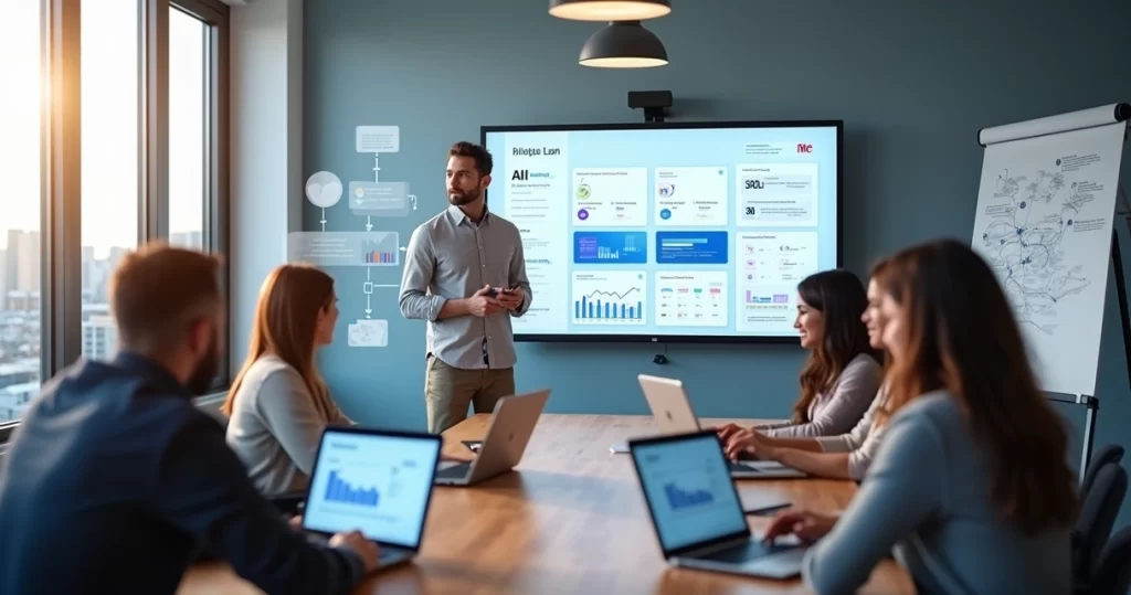 Instrutora apresentando plataforma LMS com painel de cursos em tela grande