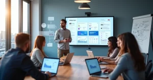 Instrutora apresentando plataforma LMS com painel de cursos em tela grande