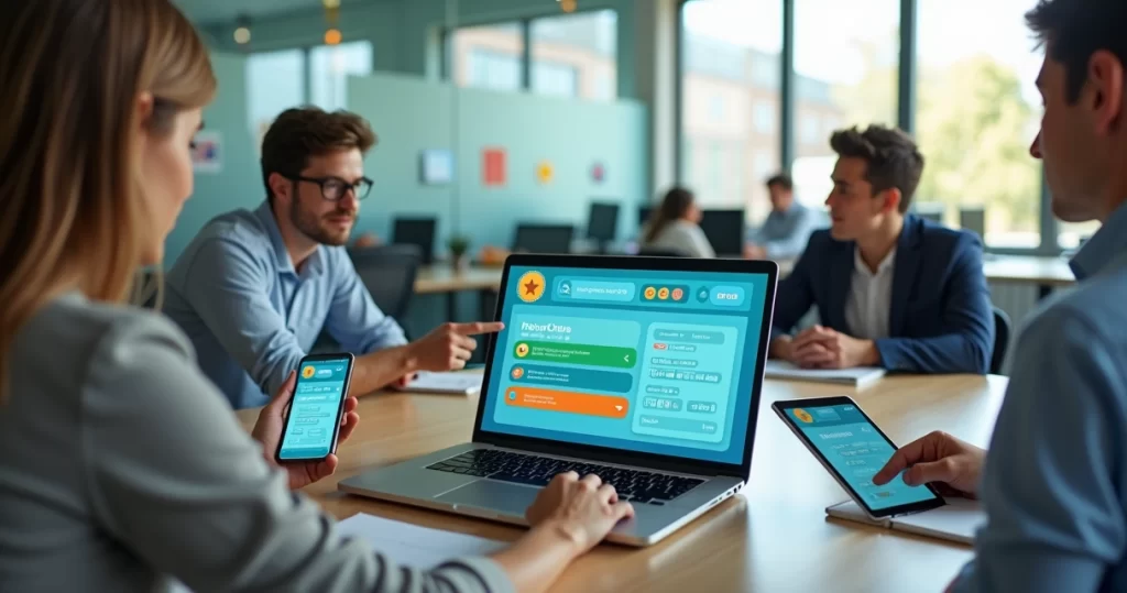 Instrutor e alunos usando quiz interativo em plataforma de ensino online