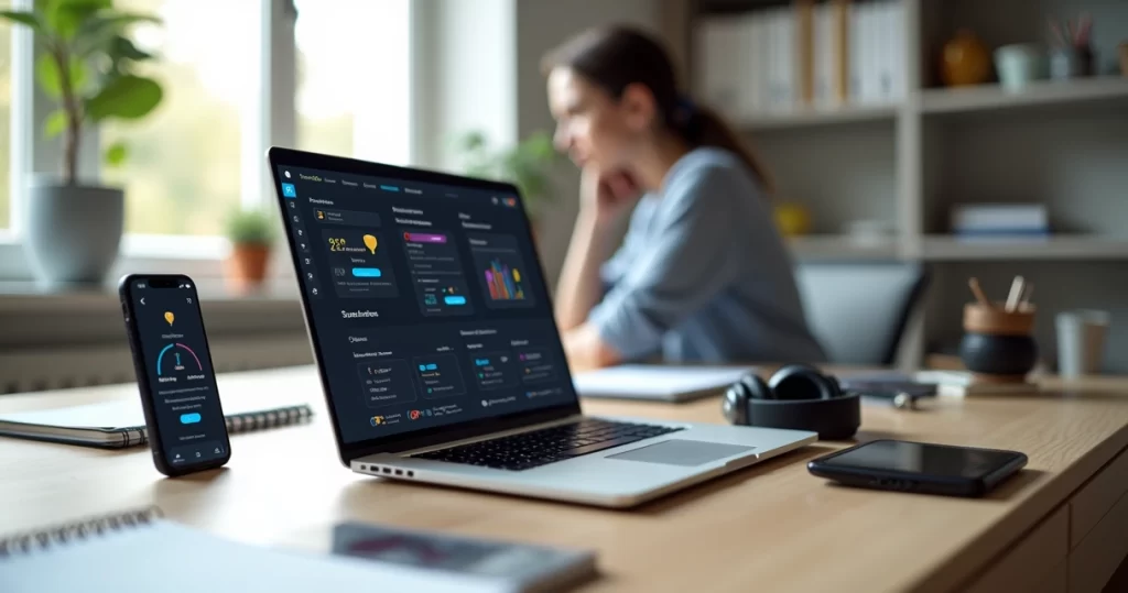 Tela de app web EAD exibindo painel de cursos online em notebook e smartphone