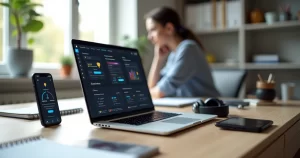 Tela de app web EAD exibindo painel de cursos online em notebook e smartphone