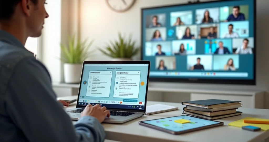 Professor planejando curso online com alunos estudando em dispositivos digitais