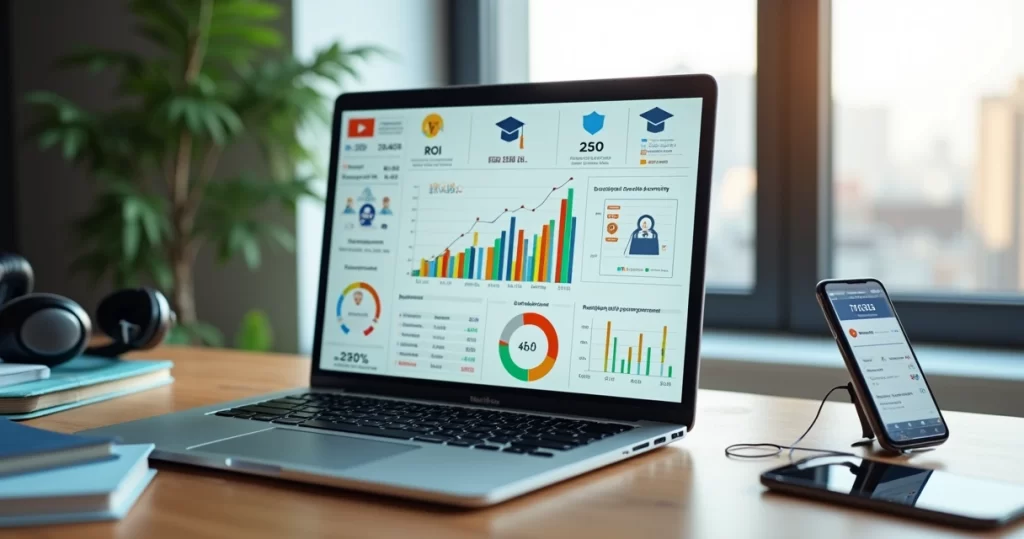 Instrutor analisando gráficos de retorno de investimento em curso digital na tela de notebook