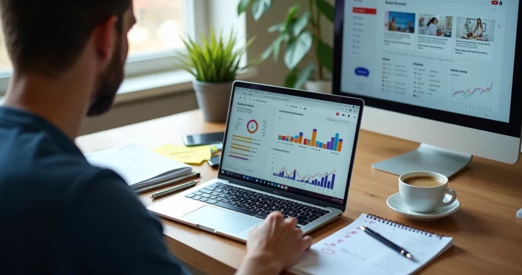 Instrutor planejando lançamento de curso online com notebook e gráficos de vendas na tela