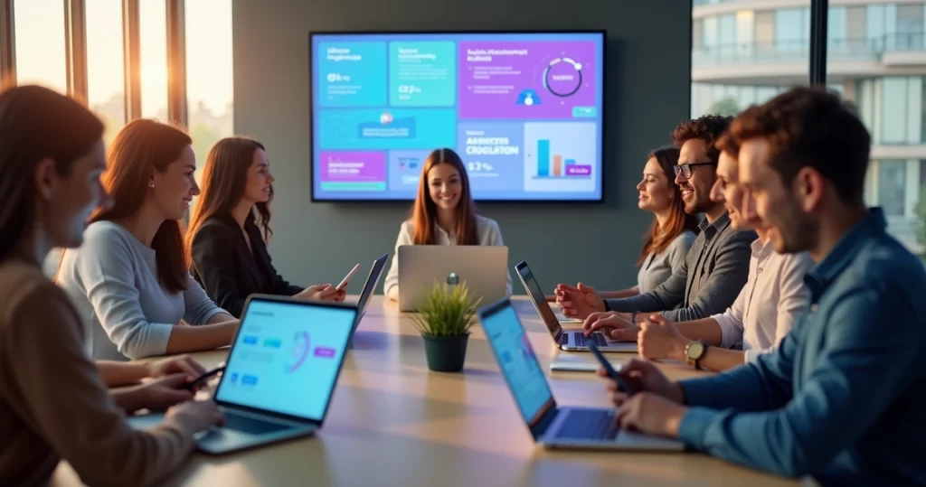 Equipe usando notebooks e celulares em treinamento de microlearning