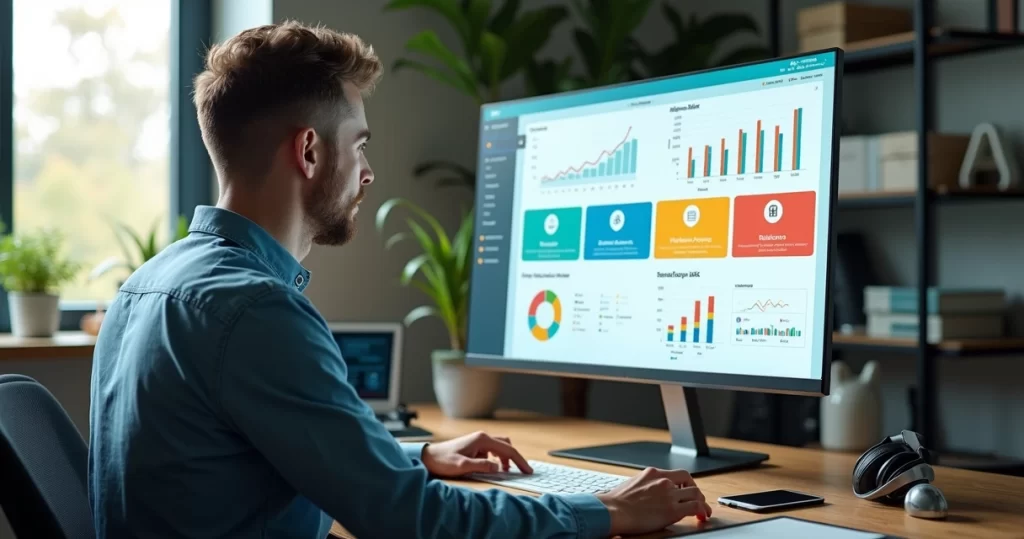 Instrutor analisando alternativas de plataformas para cursos online em tela com gráficos e recursos digitais