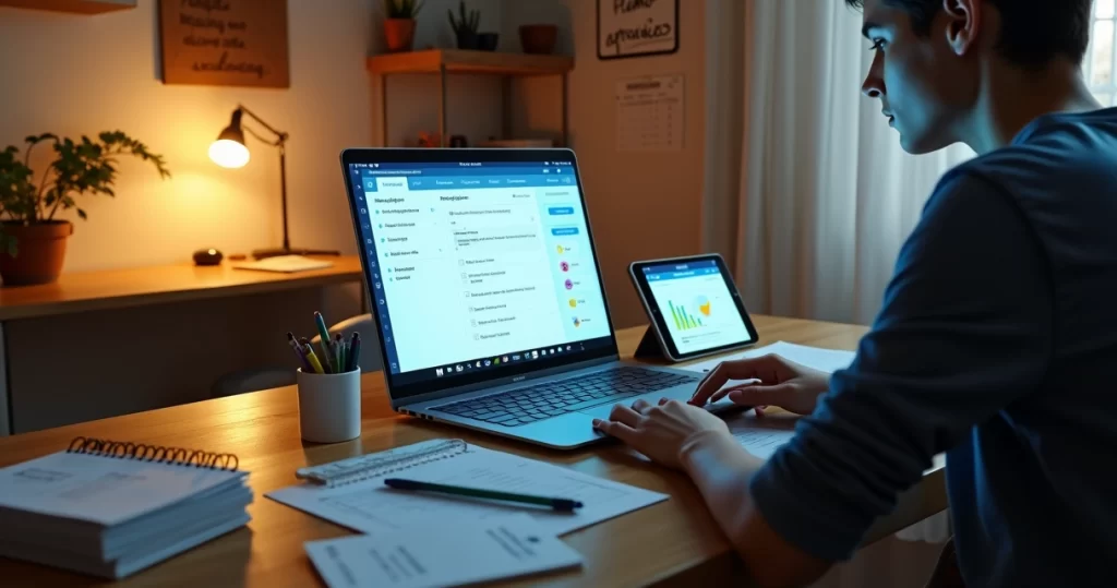 Aluna organizando estudo para curso preparatório online em mesa com materiais e notebook