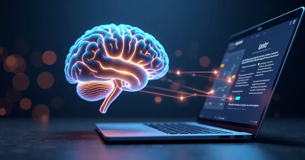 Cérebro humano iluminado com conexões digitais representando memorização online