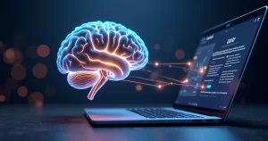 Cérebro humano iluminado com conexões digitais representando memorização online