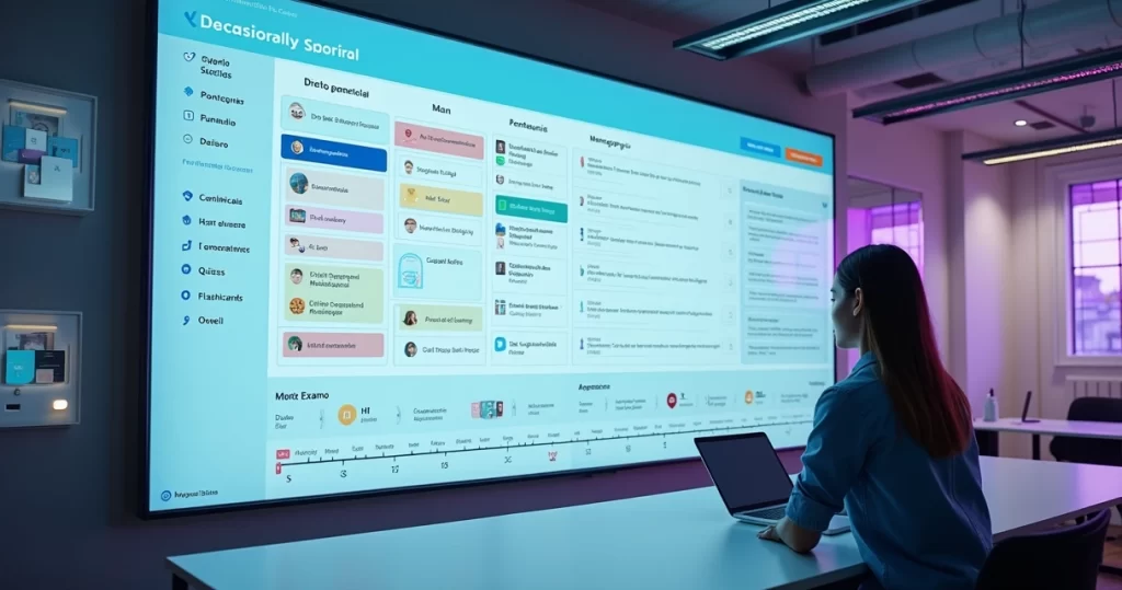 Painel digital exibindo banco de questões organizado por disciplinas e níveis de dificuldade