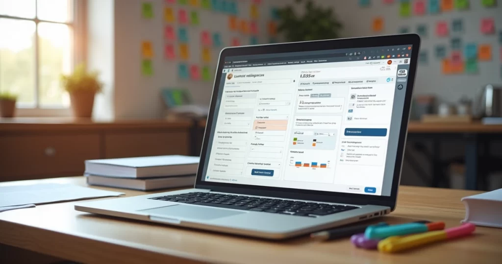 Mesa com notebook exibindo comparação visual entre formulário simples e software de simulados avançado
