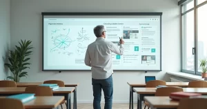 Professor escrevendo em quadro físico que se transforma em painel digital