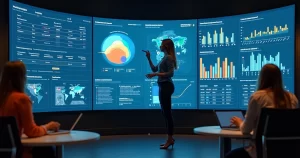 Professora analisando gráficos de desempenho de alunos em painel digital grande