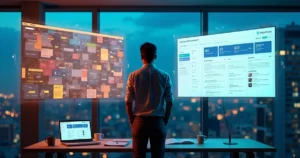 Professor avaliando grandes telas digitais com diferentes plataformas online