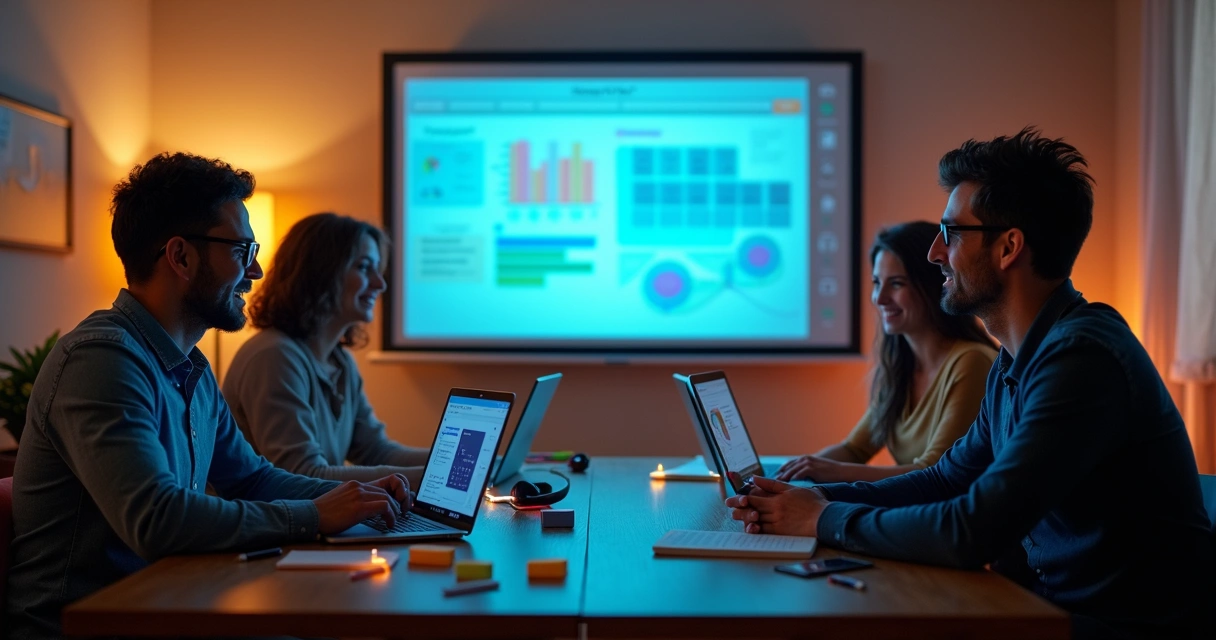 Grupo diverso de adultos estudando juntos com recursos digitais projetados na parede