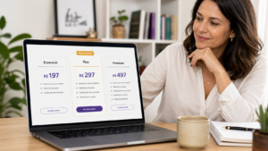 Professor analisando no notebook uma estrutura de oferta com três planos de curso online, mostrando níveis Essencial, Plus e Premium para aumentar o ticket médio.